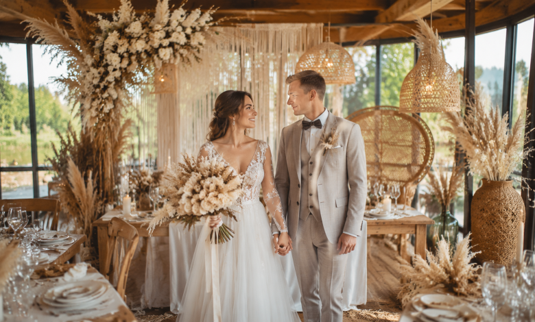 Ultra-realistic photography of a boho style wedding, bride and groom of Slavic appearance outdoors, flowing wedding dress, natural floral decorations, dried flowers, wooden details, macrame decor, warm sunlight, relaxed romantic atmosphere, elegant rustic-inspired celebration, realistic faces and textures, bright colors, professional wedding photography, high detail, no text, no letters, no logos, no watermark, 16:9 aspect ratio